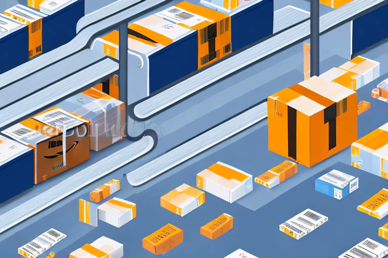 A warehouse with amazon-branded boxes on conveyor belts