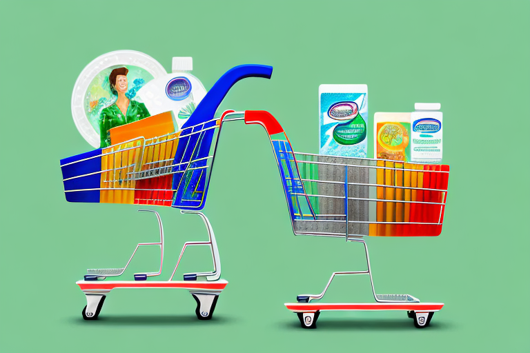 A shopping cart filled with various generic products