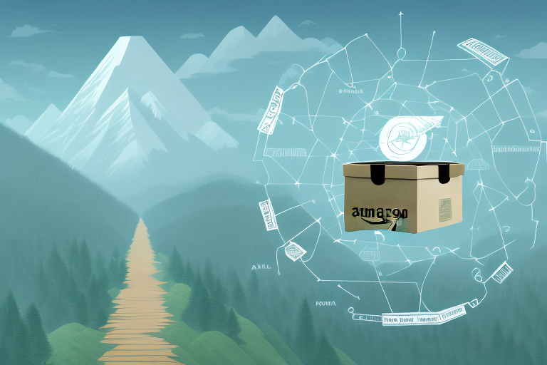 A journey path leading up to a shining amazon box at the top of a mountain peak