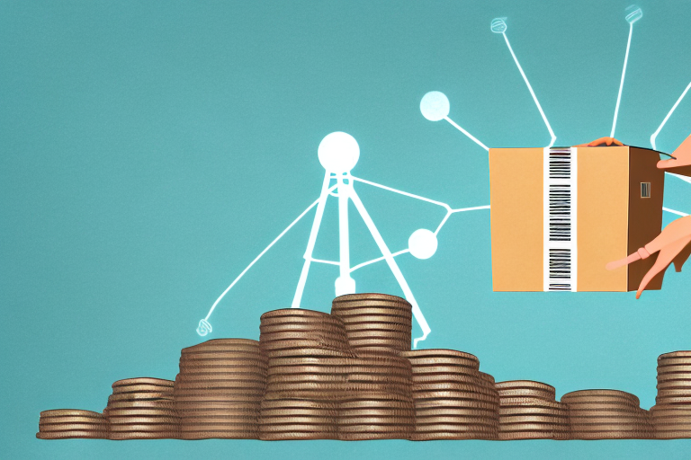 A scale balancing a box with a barcode (representing an amazon fba package) and a pile of coins (representing earnings)