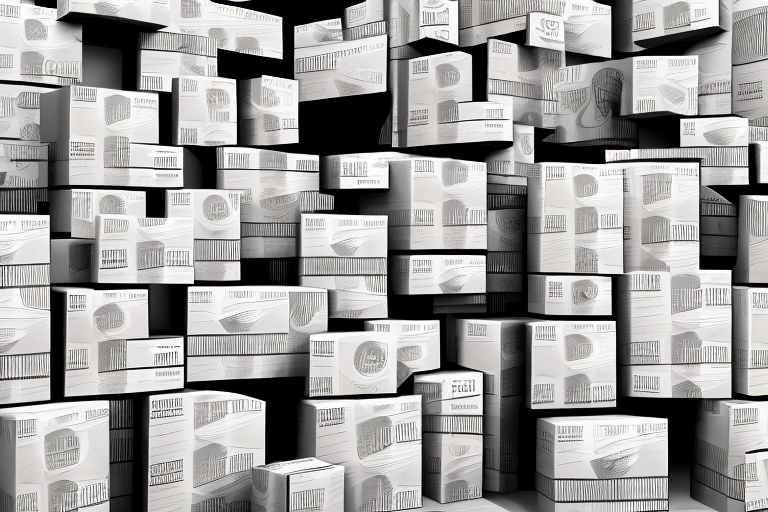 A pile of cardboard boxes with a barcode
