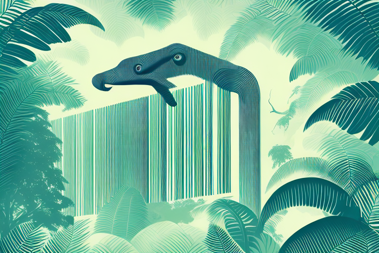 A giant barcode ascending above a stylized amazon rainforest