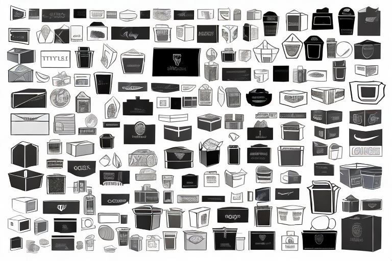 A variety of generic product silhouettes (like a box