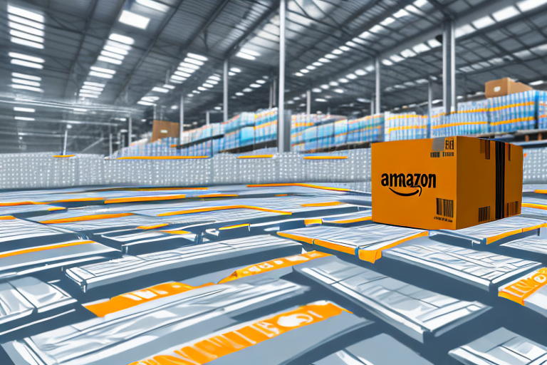 A warehouse with amazon-branded boxes on conveyor belts