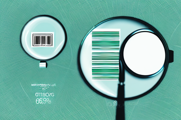 A magnifying glass hovering over a generic product box with a barcode