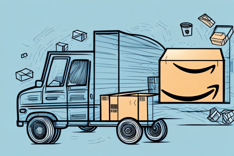 A branded product being packaged in a box with an amazon delivery truck in the background