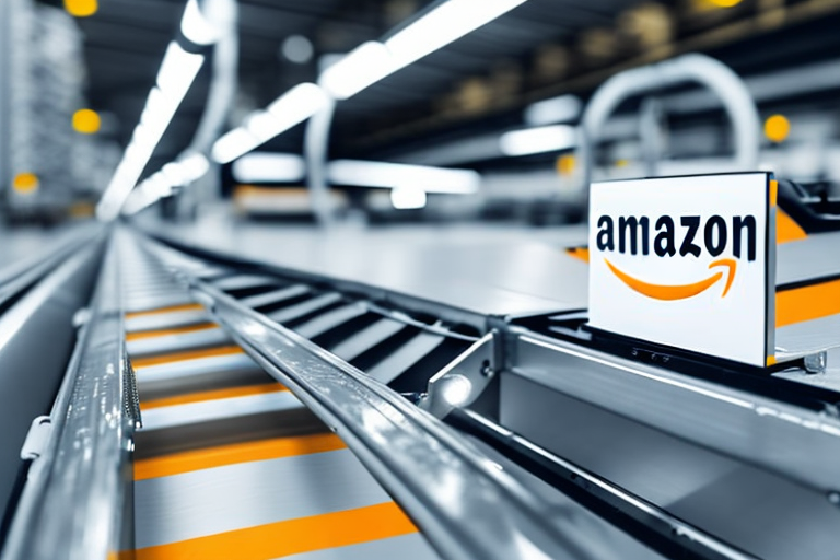 A branded product on a conveyor belt inside an amazon warehouse