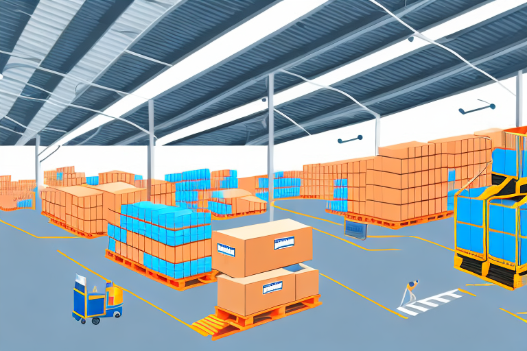 A warehouse full of various products with a conveyer belt and shipping boxes