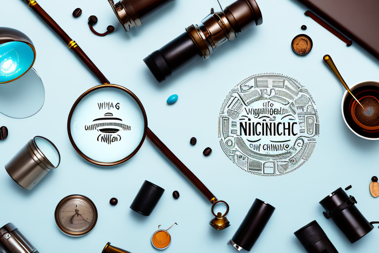 A magnifying glass hovering over a variety of different niche products like a vintage lamp