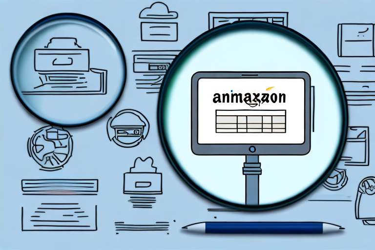 A magnifying glass hovering over a computer screen displaying various amazon products