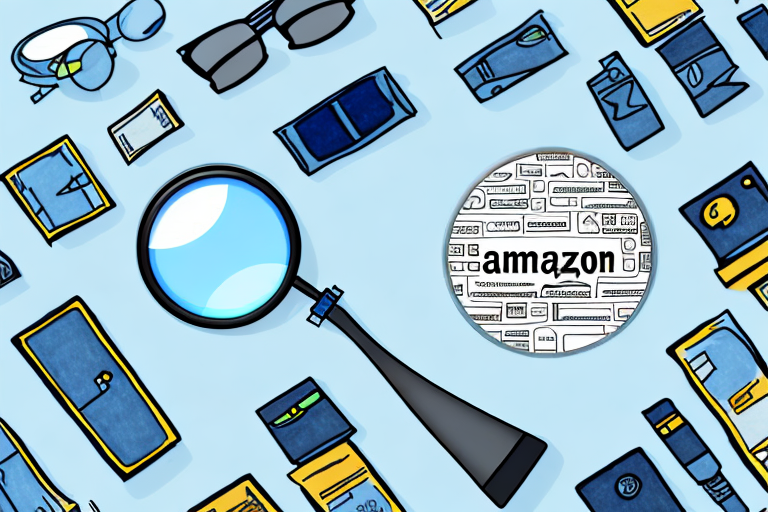 A magnifying glass hovering over a variety of amazon products like books