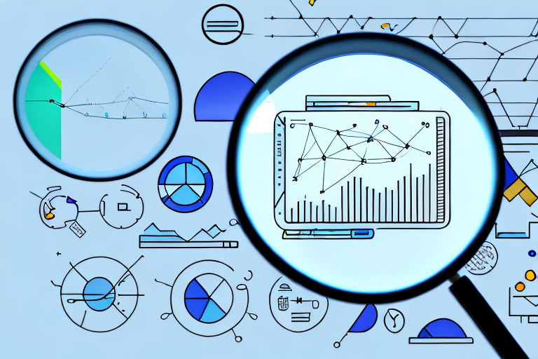 A magnifying glass hovering over a computer screen displaying various product graphs and data analytics