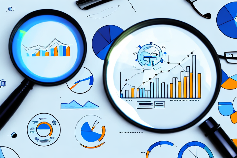 A magnifying glass hovering over a computer screen displaying various product charts and analytics