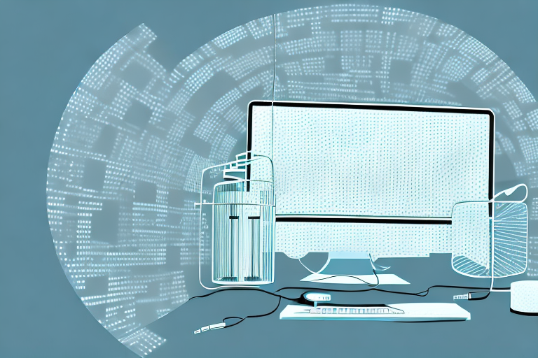 A magnifying glass hovering over a computer screen displaying barcodes