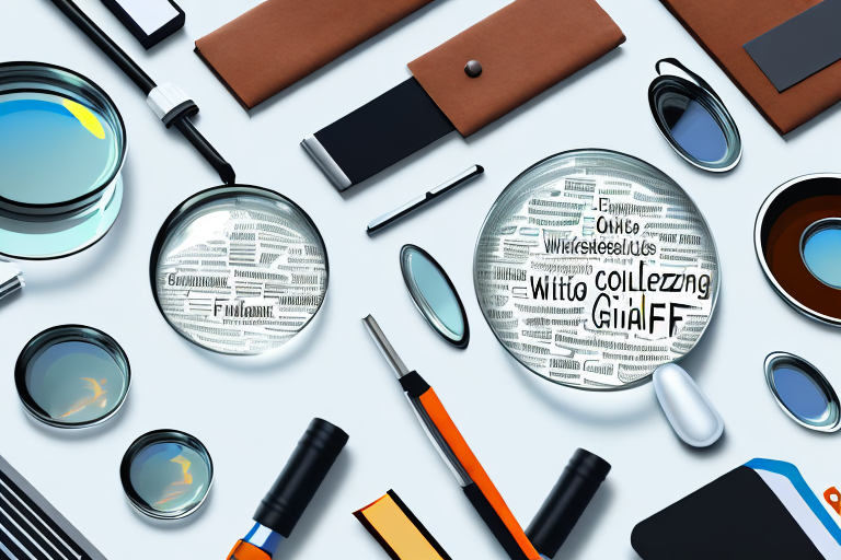 A magnifying glass hovering over a collection of diverse products like books