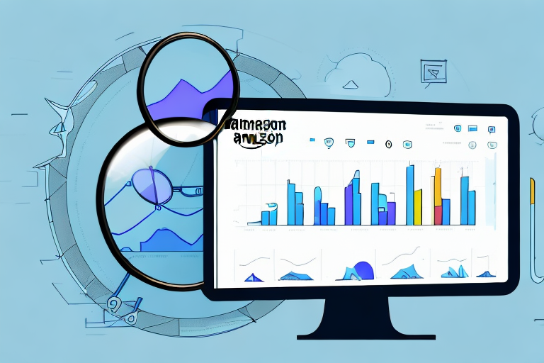 A magnifying glass hovering over a computer screen displaying an amazon product page