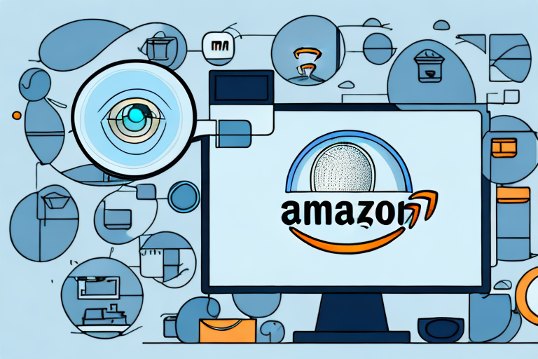 A magnifying glass hovering over a computer screen displaying various amazon products