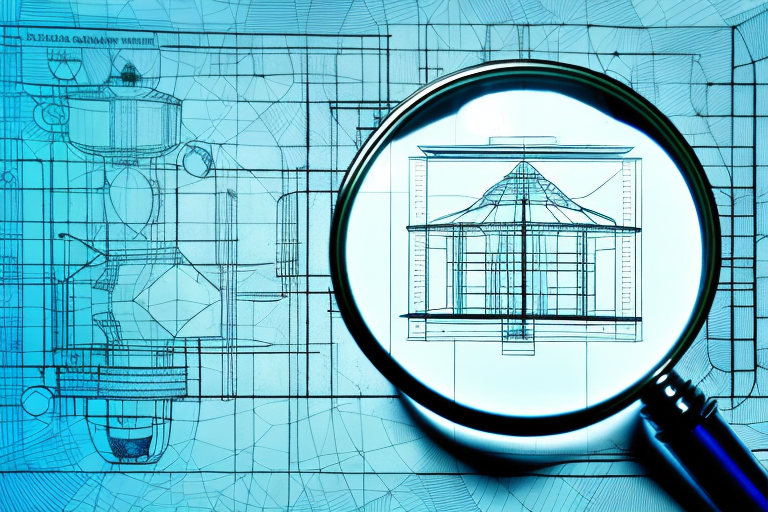 A magnifying glass hovering over a blueprint of a product