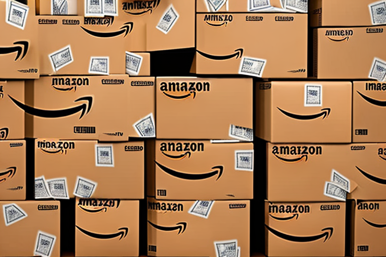 A stack of amazon shipping boxes with a dollar sign symbol on top to represent the earnings of an amazon fba seller