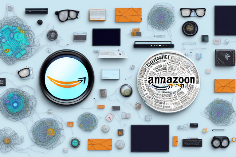 A computer displaying a variety of amazon products with a magnifying glass hovering over it