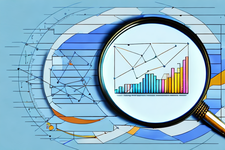 A magnifying glass hovering over a computer screen displaying a bar graph and pie chart