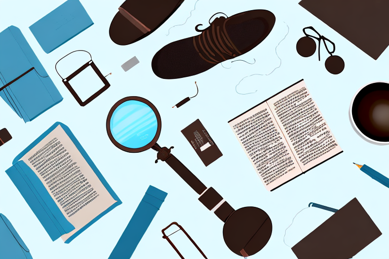 A magnifying glass hovering over a variety of different products such as a book