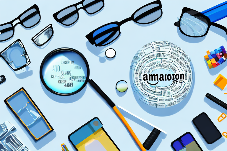 A magnifying glass hovering over an assortment of various amazon products