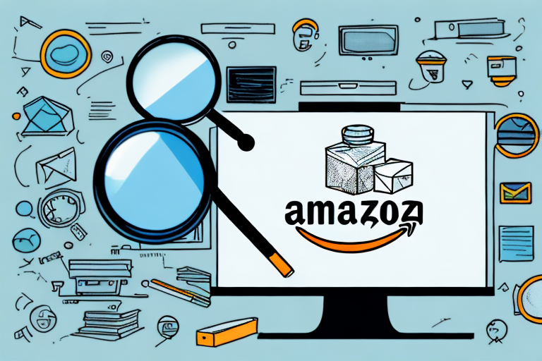 A magnifying glass hovering over a computer screen showing a variety of amazon products