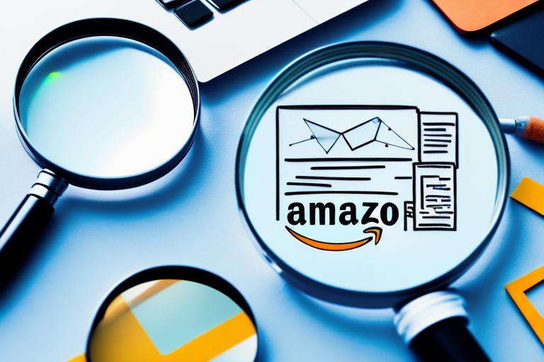 A magnifying glass over a computer screen displaying various amazon products