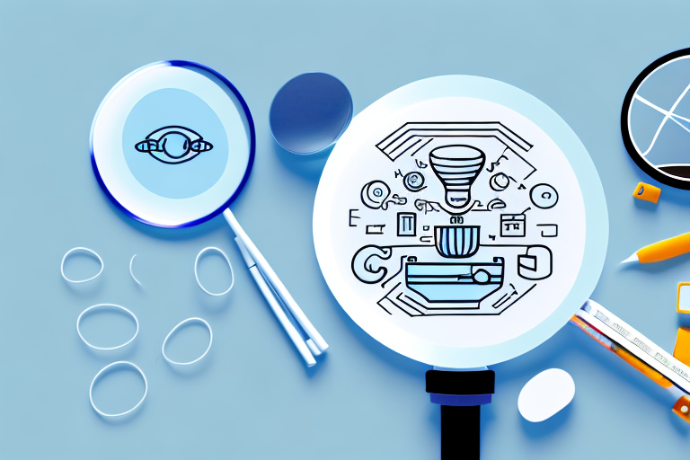 A magnifying glass hovering over a computer screen displaying various products