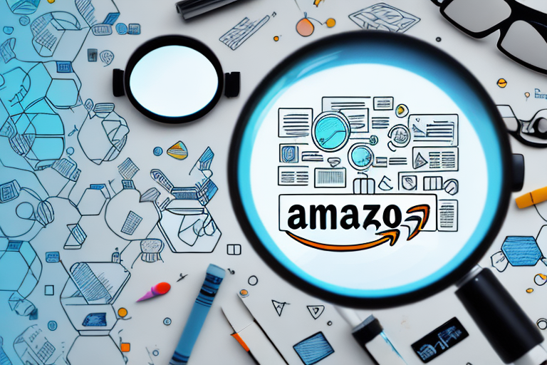 A magnifying glass hovering over a computer screen displaying a variety of amazon uae products