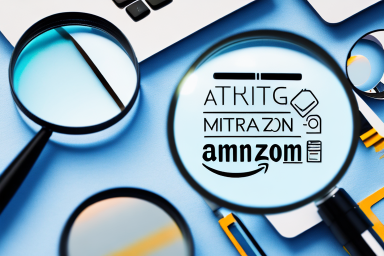 A magnifying glass hovering over a computer screen displaying a variety of amazon products