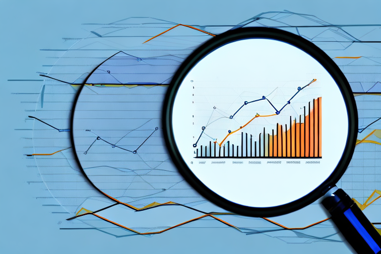 A large magnifying glass highlighting a rising graph on a computer screen