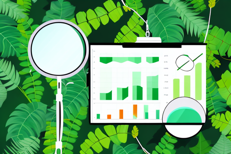 A jungle scene with a magnifying glass hovering over a bar graph made of vines and leaves