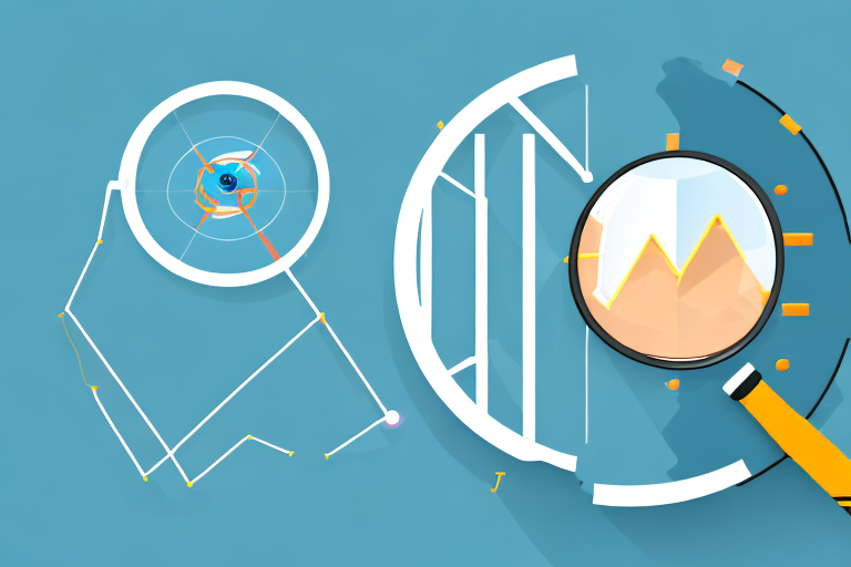 A magnifying glass hovering over a bar graph representing sales data