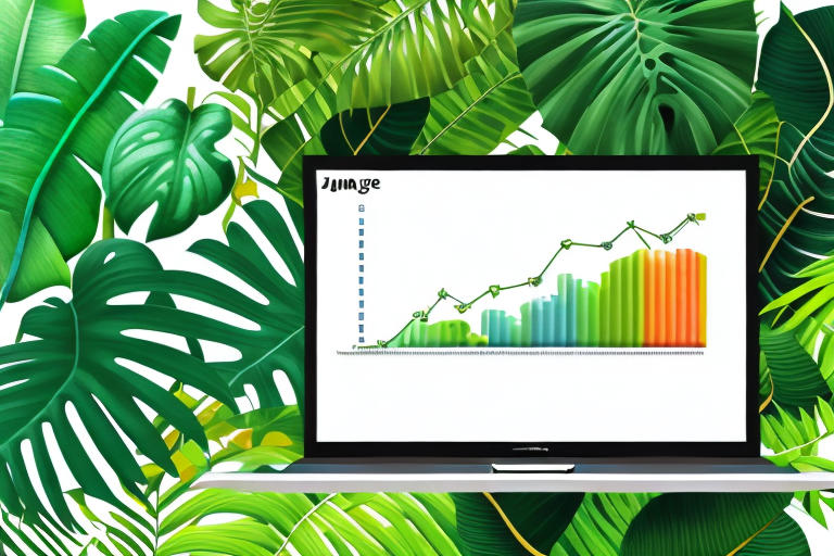 A laptop displaying a jungle-themed graph with various amazon plants and animals