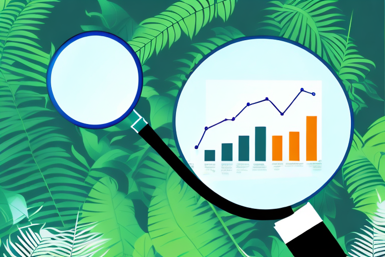 A magnifying glass hovering over a bar graph representing sales estimates