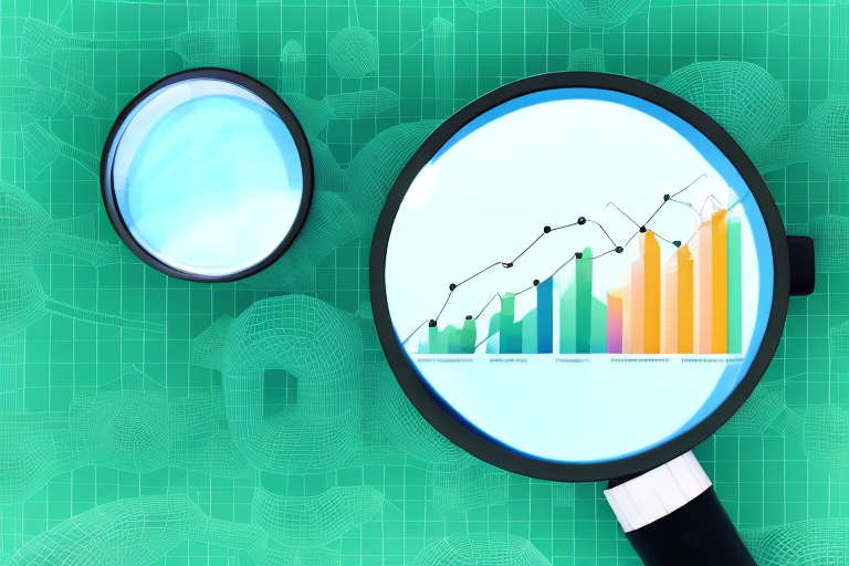 A magnifying glass hovering over a 3d bar graph representing sales