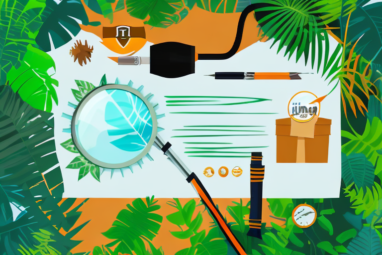 A jungle scene with a magnifying glass focusing on a symbolic amazon package