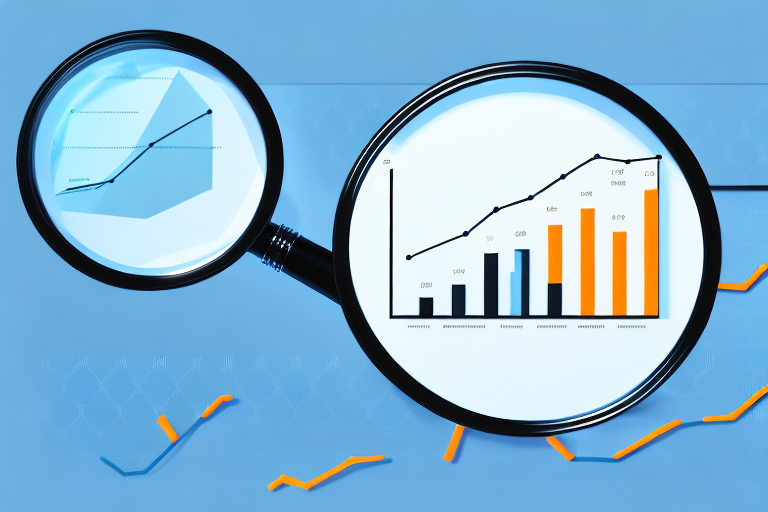 A magnifying glass zooming in on an amazon package surrounded by bar graphs and pie charts