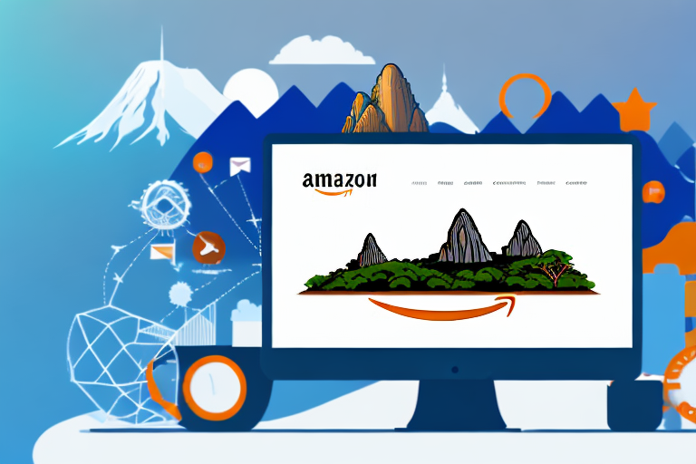 A computer screen showing an amazon fba dashboard with a background featuring iconic philippine landmarks such as the chocolate hills and mayon volcano