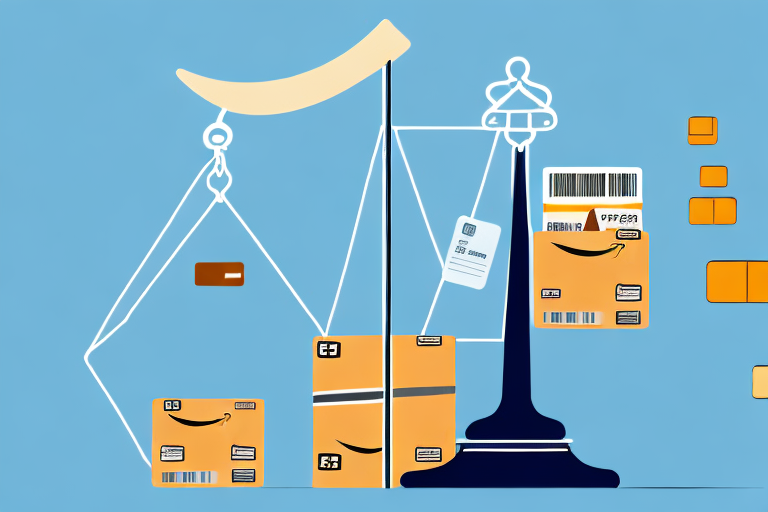 A scale balancing different elements representing amazon fba seller fees such as a box