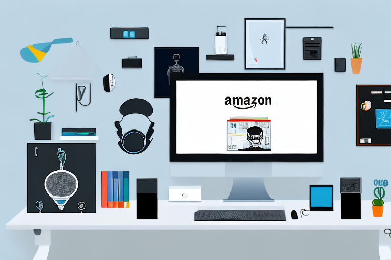 A home office setup with a computer displaying the amazon website