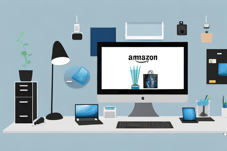 A home-office setup with a computer displaying the amazon website