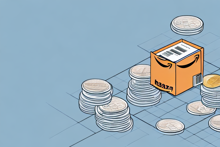 A stack of coins next to a cardboard box with a barcode