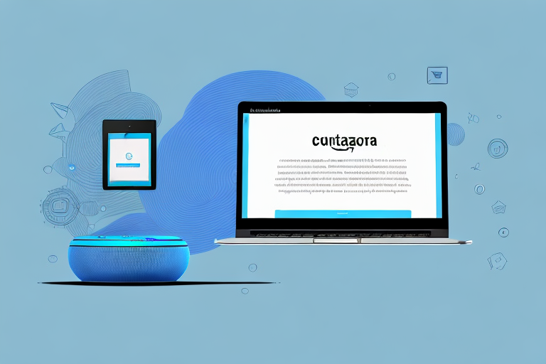 A laptop displaying a coursera website interface with an amazon echo device beside it