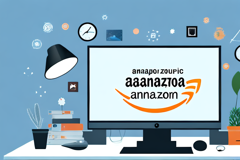 A computer placed on a desk with the amazon website on the screen