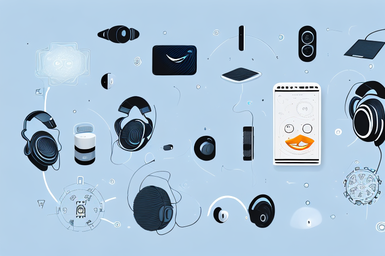 A portfolio with various elements symbolizing amazon's virtual assistant capabilities such as a microphone (voice recognition)