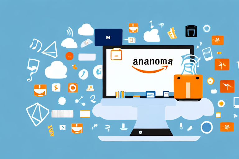 A virtual assistant device surrounded by various amazon related icons like a shopping cart