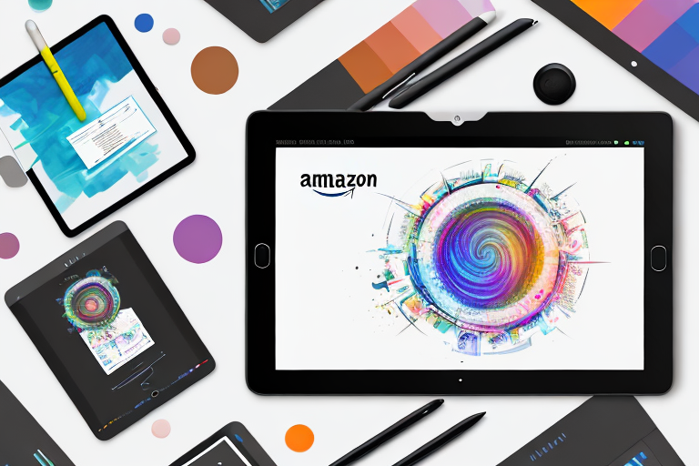 A digital tablet displaying a perfectly designed amazon product page surrounded by various creative tools like a stylus pen